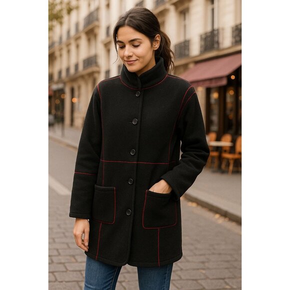 Susan Graver Black Reversable Fleece Coat L Red Stitching Minimalist Vintage - Picture 1 of 10